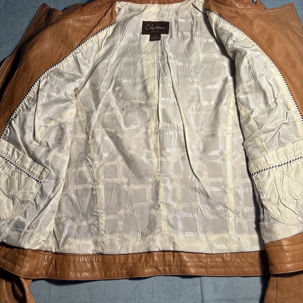 Cole Haan Collection Tan Lambskin Leather Whipstitch Moto Jacket Womens Medium - Picture 3 of 16